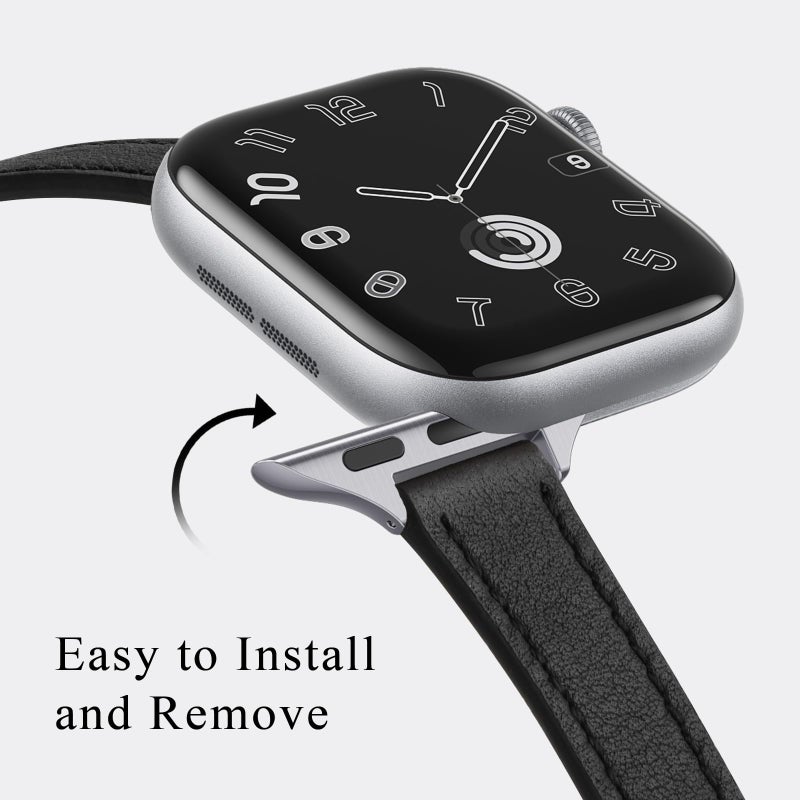 STIROLL Slim Leather Bands Compatible with Apple Watch Band 38mm 40mm 41mm 42mm(Series 11 10), Top Grain Leather Watch Thin Wristband for iWatch SE 9 8 7 6 5 4 3 2 1 (Black Silver) - Image 3